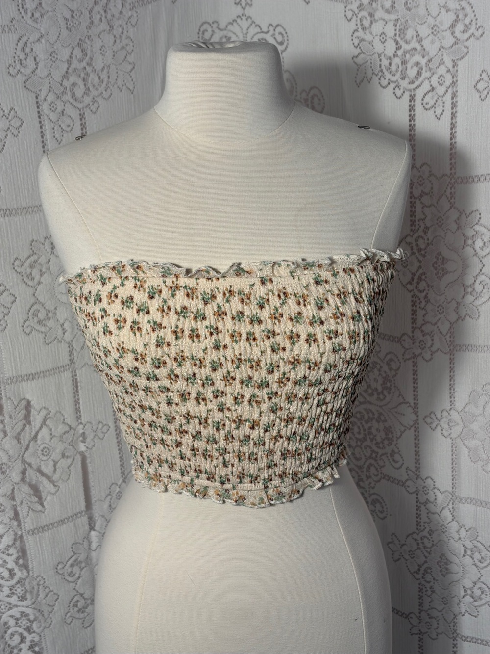 Le Lis Cream Smocked Floral Tube Top with Green Accent